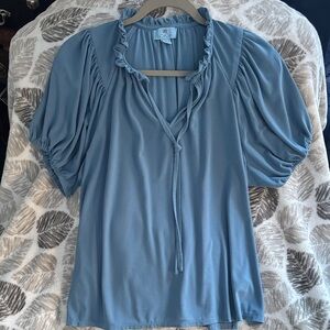 CeCe Dusty Blue Ruffle Tie-Neck Puff Sleeve Blouse